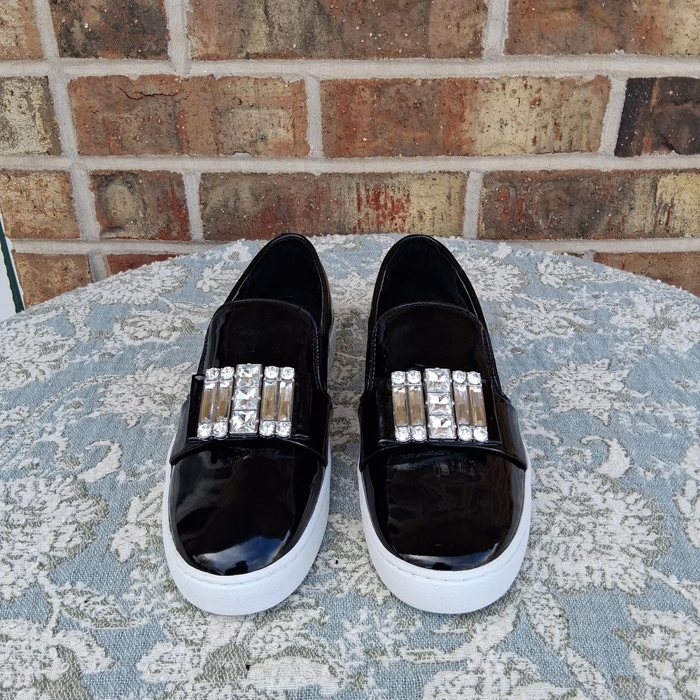 🏵 MICHAEL Michael Kors Black Patent Leather Slip On Sneakers with Crystals Sz.6 - Picture 3 of 14
